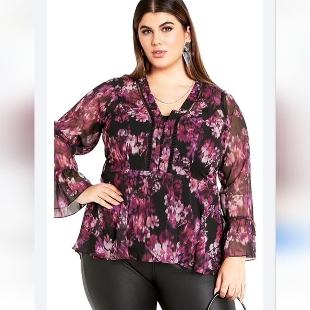 City Chic Floral Blouse XXL Women Popover Sheer Flare Sleeves Dark Feminine
